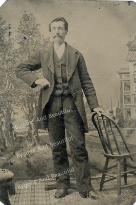 Tintype Handsome Tall Dapper Man Full Length Posing Stand Nice Backdrop