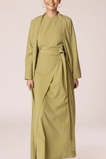 SALE VEILED COLLECTION Noora Textured Three Piece Abaya Set MEDIUM-CYPRESS GREEN