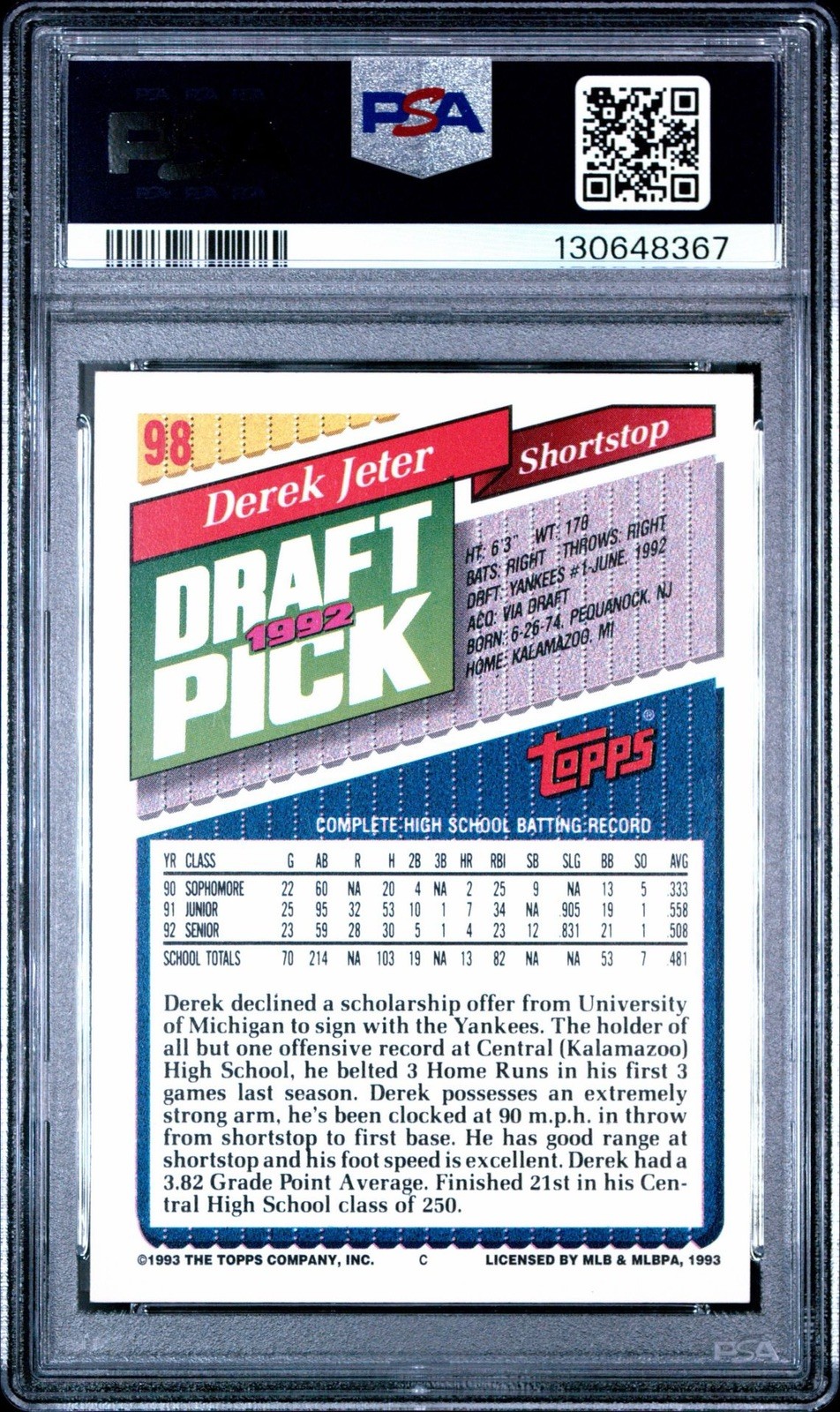 1993 Topps Derek Jeter 98 Rookie Card RC - PSA 6 EX-MT view 2