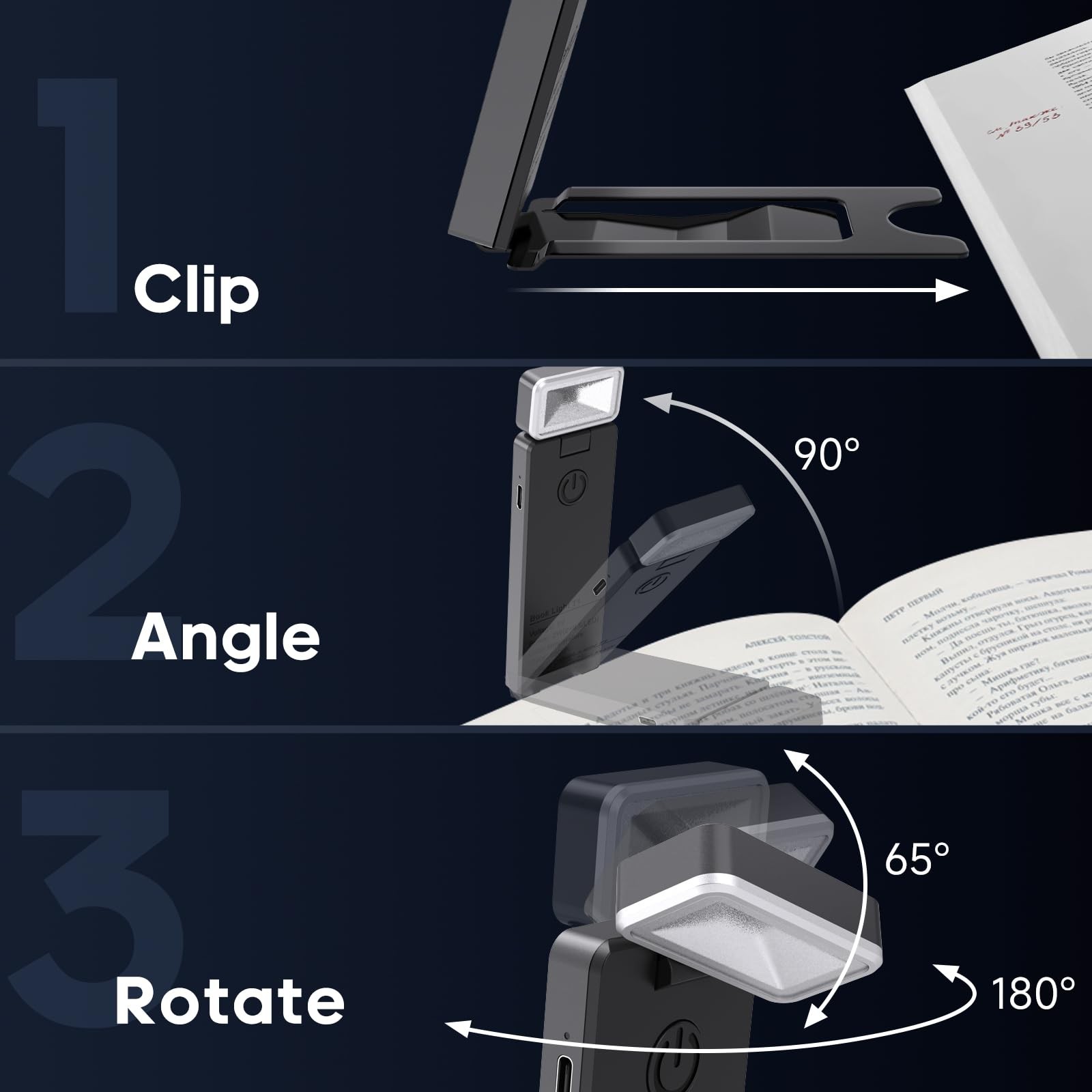 Reading Light Clip On LED Bookmark 3 Amber Colors USB Rechargeable Book Lamp