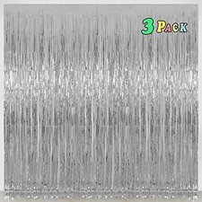 Pure Silver Fringe Curtain Backdrop 3 Pack, 3.2 x 8.2 FT Party Decorations