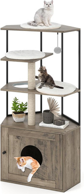 Kratzbaum mit Katzentoilette Gehege, 2 in 1 Katzenhaus mit Sisal Kratzbaum