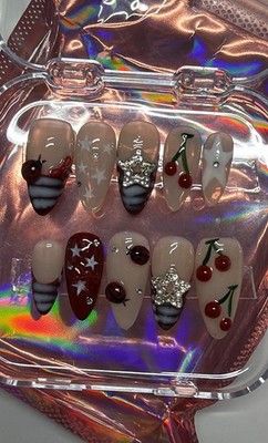 Dory Nails 3D Almond Press-On Nails Stars Cherries Beige Red Full Cover Set