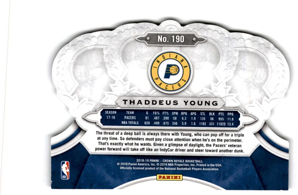 2018-19 Panini Crown Royale #190 Thaddeus Young Indiana Pacers - Image 2 of 2