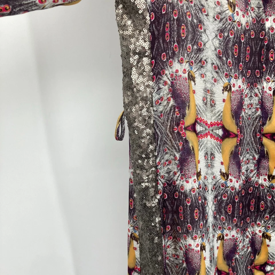 Chelsea & Violet Peacock Print Satin Belted Shirt Dress Arsty Festival Medium  - Image 3 of 4