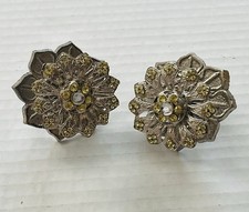 2 Flower Drawer Knob Pulls with Backplate Silver Tone Yellow & Clear Rhinestones