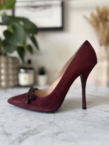 £575 Auth PRADA Burgundy Suede Bow Court Shoes, Prada High Heels, 39 EU / 6 UK - Picture 5 of 14