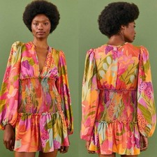 NWT Farm Rio Sweet Forest Smocked Long Sleeve V-Neck Mini Dress Size Small $230