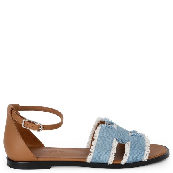 72698 authentische HERMES Bleu Claire natürliche Fransen Denim Santorini Sandalen Schuhe 37