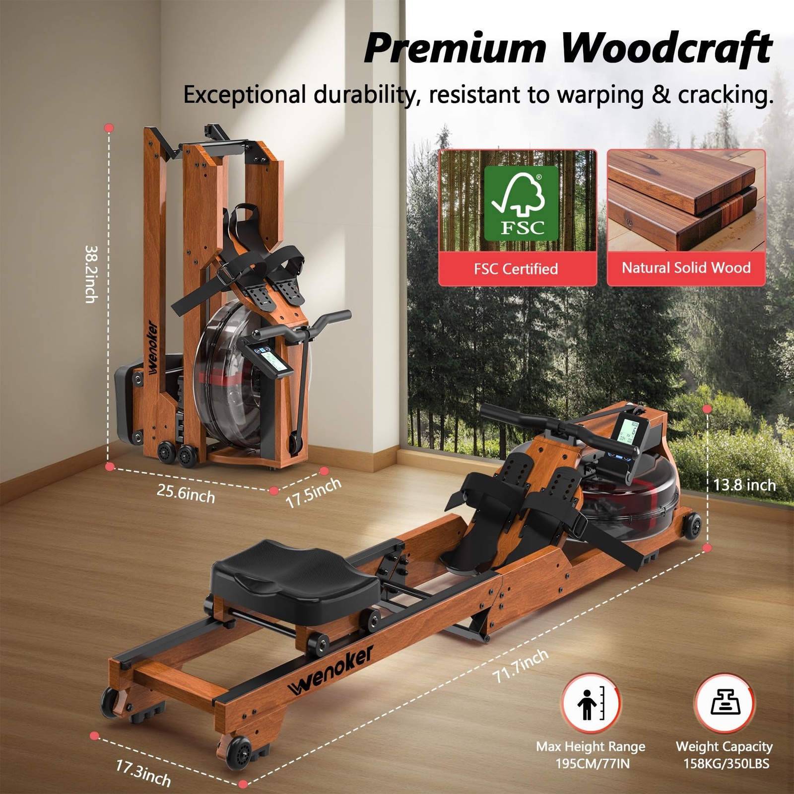 Water Rowing Machine for Home Use, WENOKER Wooden Foldable Rower Machine with...