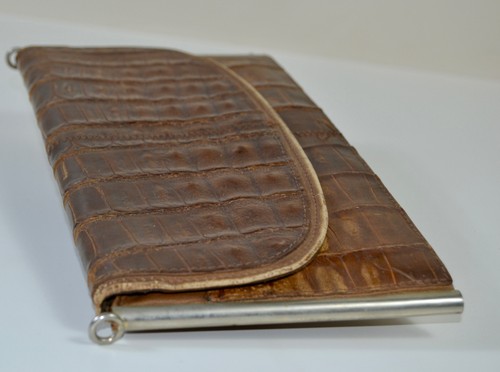 Vintage Genuine Crocodile Leather Clutch Purse 1940s Brown Exotic Skin Frame Bag - Picture 3 of 12