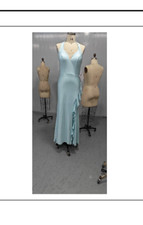 LIGHT BLUE Mermaid Halter Neck Sweep Train Prom Dress w/Ruffle Slit Ruched Back