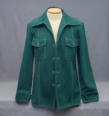 VTG 70s Polyester Shirt Jacket Men's Size Large Green Shacket Dagger Collar - Image 1 of 4