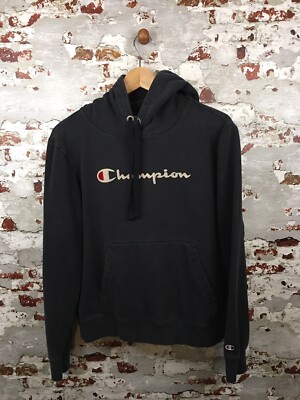 Champion Hoodie Damen Medium schwarz Spellout Kapuze Retro Freizeit Taschen