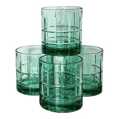 4 VTG Anchor Hocking TARTAN GREEN Light Seamist 10 OZ Old Fashioned Glasses NEW