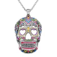 Women Men Stainless Steel Heart Eyes Sugar Skull  Pendant Necklace