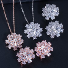 Silver Plated Snowflake CZ Austrian Crystal Women Necklace Earrings Jewelry Set