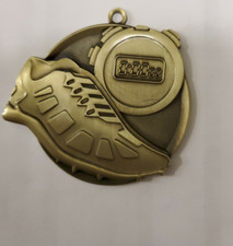 2 1/4" Gold Track medal, track shoe  stop watch, nice big size, with engraving
