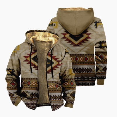 Men's Folk Pattern Winter Fleece Hoodie Brown Zip Jacket Sweater