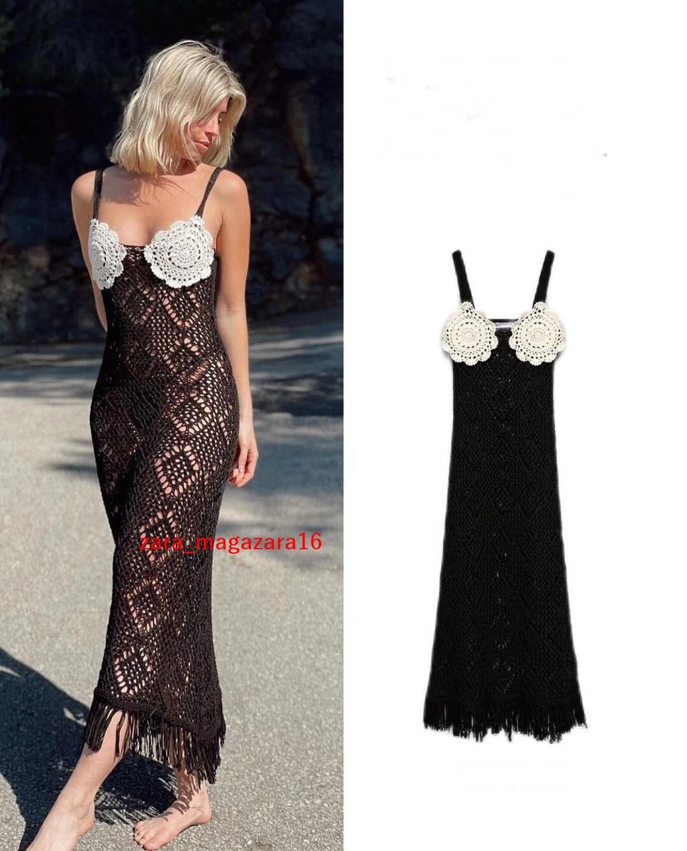 ZARA NEW BLACK KNIT CROCHET DRESS FRINGED STRAIGHT CUT NECKLINE SIZE L 3991 029