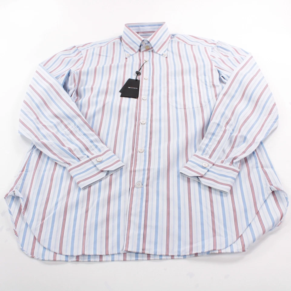 Camisa social Kiton nova com etiquetas tamanho 15.5 39 azul laranja com listra branca 100% algodão - Imagem 3 de 4