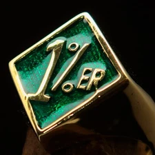 DIAMOND SHAPED MENS BRASS BIKER RING 1% ER ONE PERCENTER SYMBOL GREEN SIZE 11