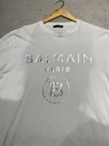 Authentic Men's White Balmain Paris T-Shirt With Silver Logo Size 