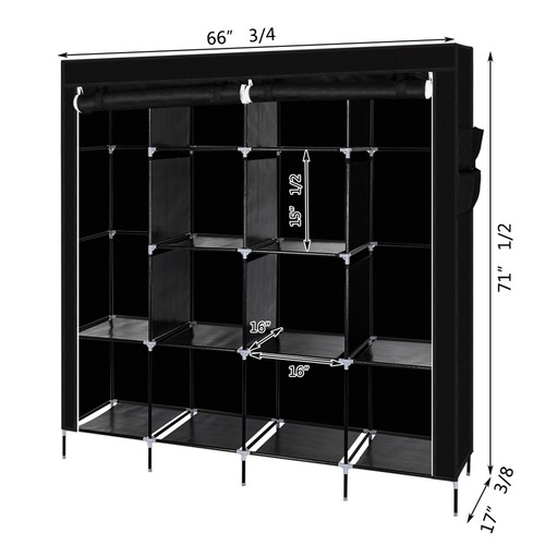 67" Clothes Closet Portable Wardrobe Storage 12 Shelves 4 Side Pockets Black - Picture 5 of 19