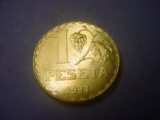 Spain Civil War Franco 1 Peseta Art Deco 1937 P/L GEM BU #85023