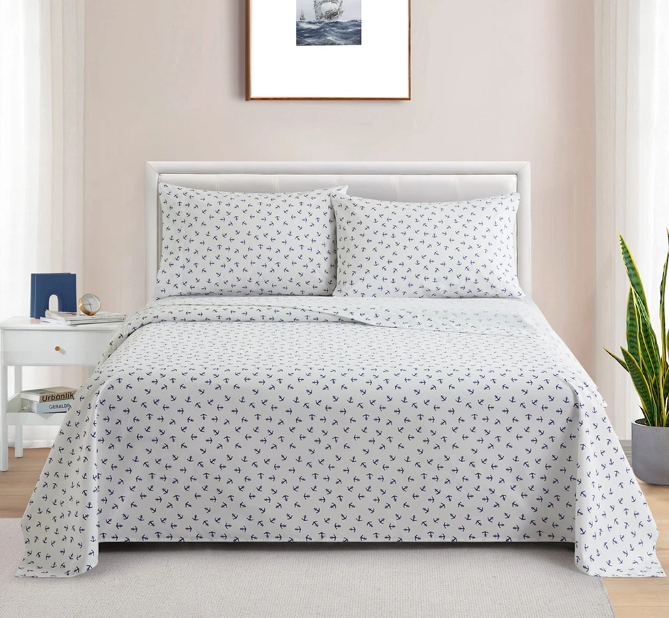 Juego de sábanas estampadas 600 hilos mezcla de algodón percal, ancla náutica azul Foto 4 de 4