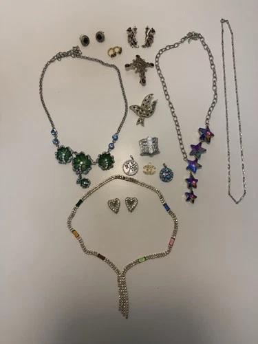 Vintage Costume Jewelry Lot Necklaces Earrings Pendants Rhinestone Mix