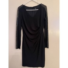 Guess Black Long Sleeve Ruched V Neck Studded Embellished Dress Size 12