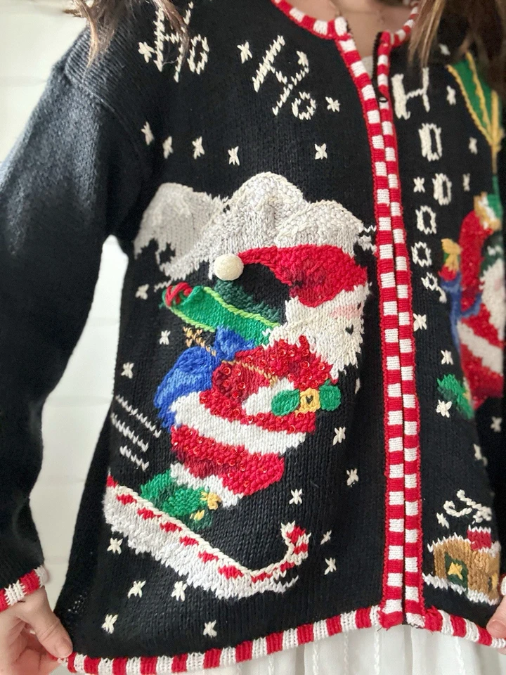 Vintage Christmas Sweater Size Large Black Zip Up Cardigan Santa Presents HoHoHo - Image 4 of 4
