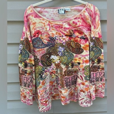 VTG Take Two 3X graphic beaded print stretch top city scape Parisian