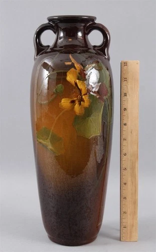 Lrg 15" Antique WELLER Art Pottery LOUWELSA Nasturtiums Pattern Vase NO RESERVE