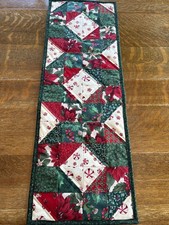 Christmas Poinsettias Peppermints Red Green Gold Quilted Table Runner Handmade