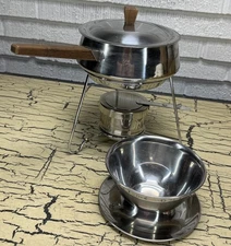 VTG Vollrath MCM Fondue Pot Cook Set Stainless Steel Walnut Wood W Oneida Bowl