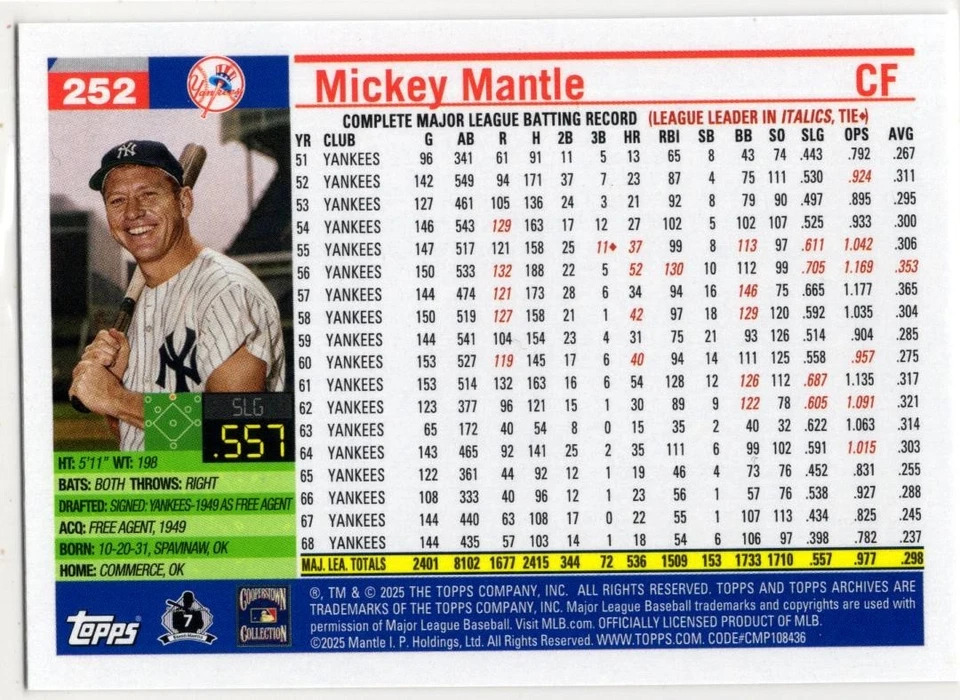 2025 Topps Archives Baseball Mickey Mantle No. 252 New York Yankees - Bild 2 von 2