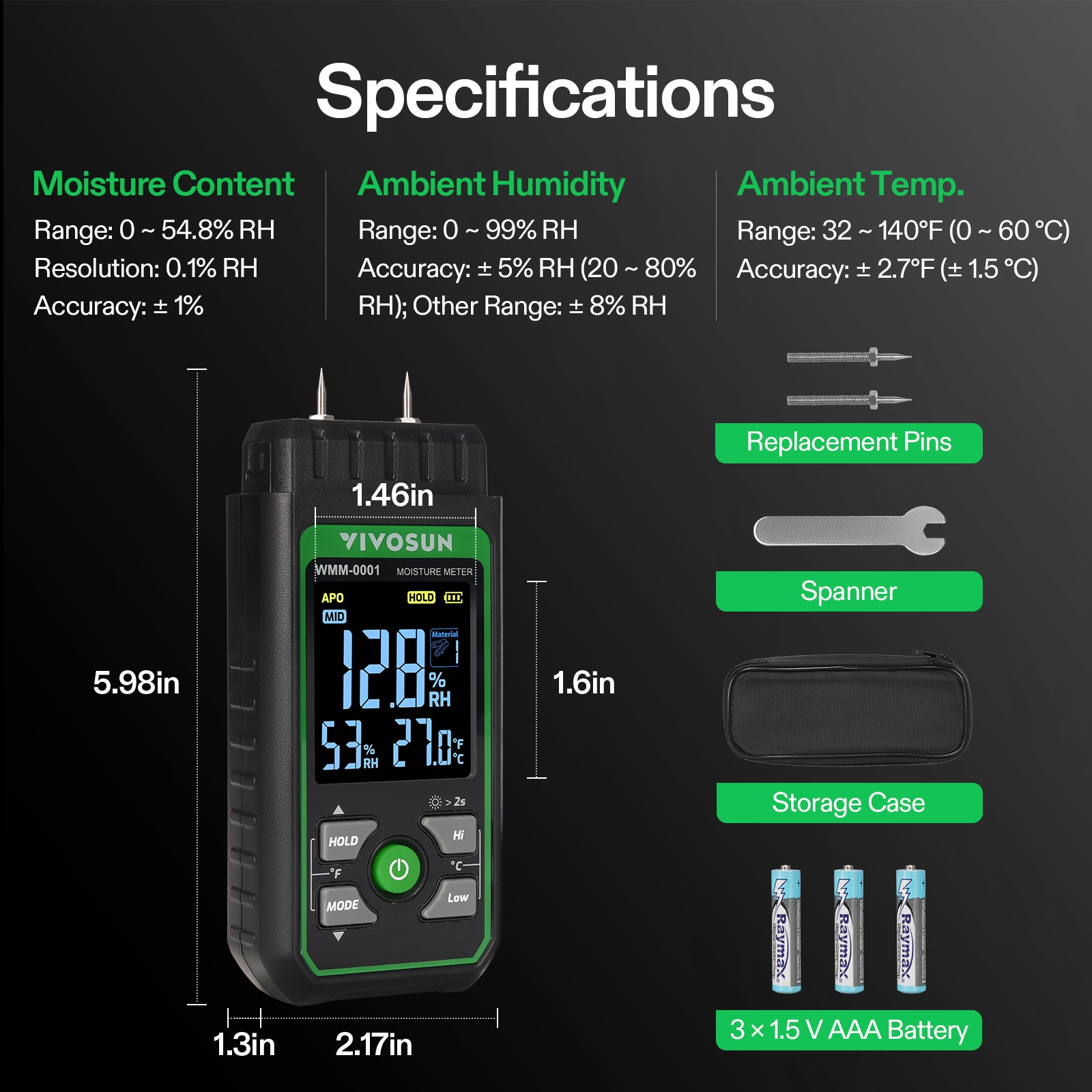 VIVOSUN 7 in 1 Digital Wood Moisture Meter LCD Damp Tester Locks Readings