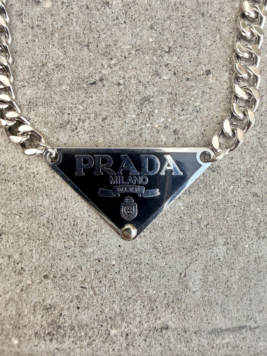 Prada Men's Silver Curb Chain Necklace Triangle Logo Pendant | eBay