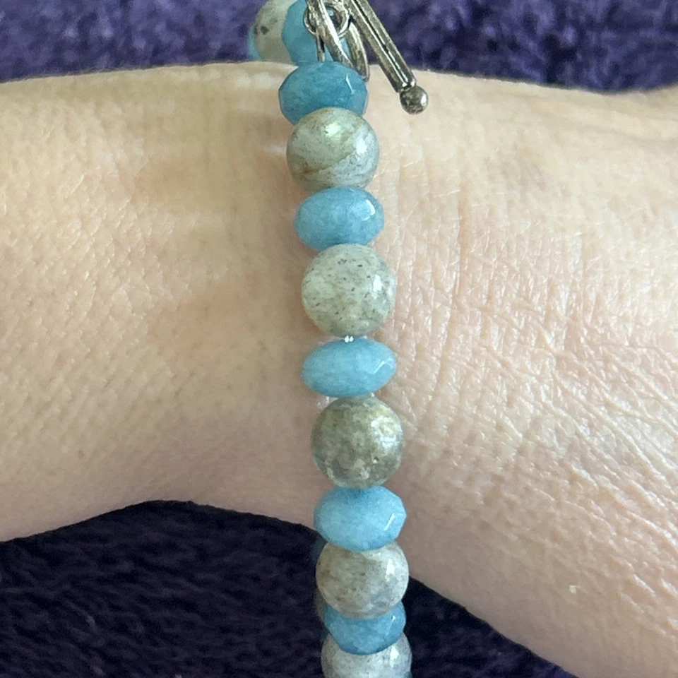 Artisan Silvertone labradorite blue jade beaded bracelet size 7-7.5 - Image 4 of 4
