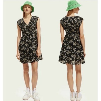 Scotch & Soda V-neck cotton Mini Dress Dandelion floral Sz Small Prairie boho 