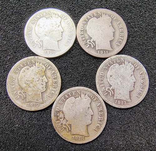Lot of 5 - 1910-1914 Barber Dimes 10C - 90% Silver - Philadelphia Mint - AG-G