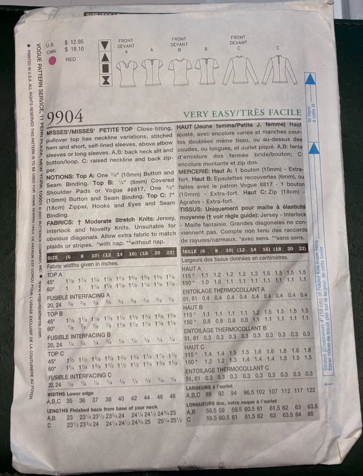 Vogue 9904  Womens 18-22 VERY EASY Vogue Collectibles Knit Tops Uncut - Image 2 of 4