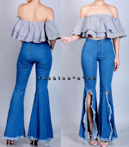 Vintage Blue High Waist Flared Slit Bell Bottom Jeans Hippie Denim Pants - Afbeelding 1 van 8