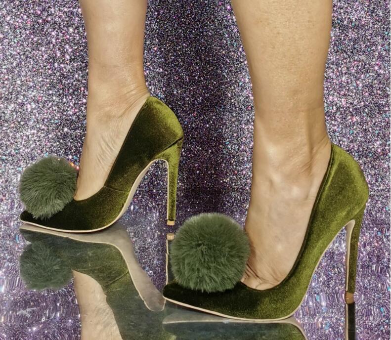 Womens Fashion Sexy Pointy Toe POM POM Green Velvet Dress Shoes Party High  Heel