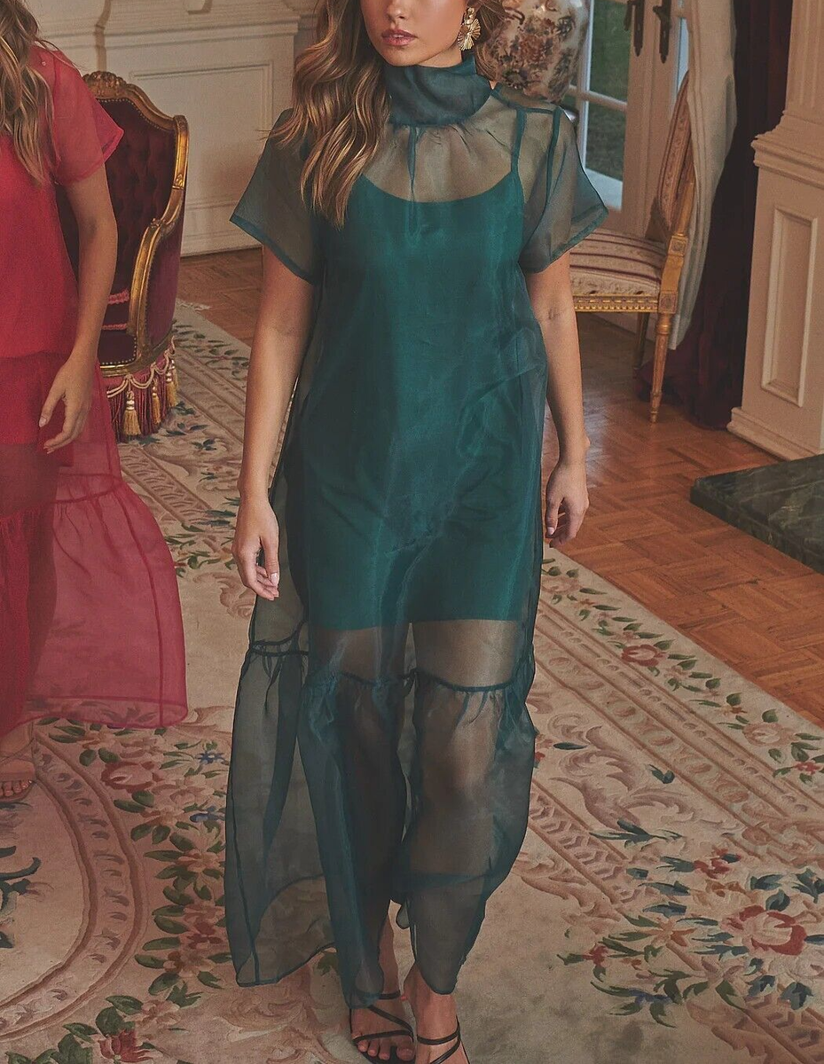 Womens High Neck Organza Gown with Scoop Back and Functional Neck Tie  Ruffle Hem | eBay
