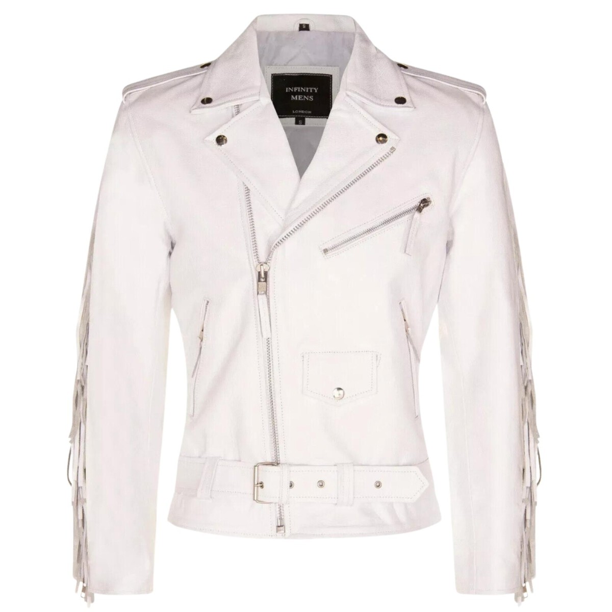 ジャケット・アウター White Single Leather Jacket Mens White Biker Jacket with White Asymmetrical Zipper Stand