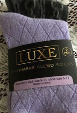 Women  s Luxe Cashmere/Wool Blend Crew Socks Sz 6-11 - 2 Pairs Purple/Gray New