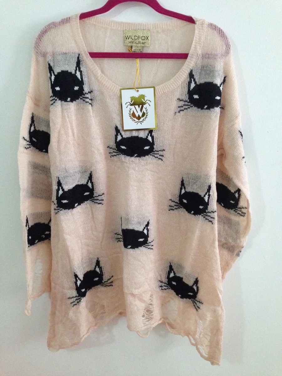 BRAND NEW Wildfox Women s Oversized Destroyed Kitty Sweater Pink OVERSIZED S